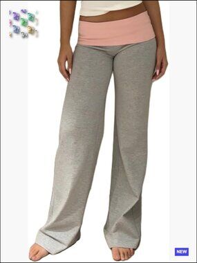 Low Rise Fold Over Wide Leg Yoga Pants Stretchy Bell Bottom Lounge Sweatpants